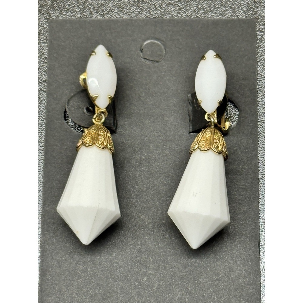 Vintage Lewis Segal California Mod Atomic Milk Glass Dangle Clip Earrings